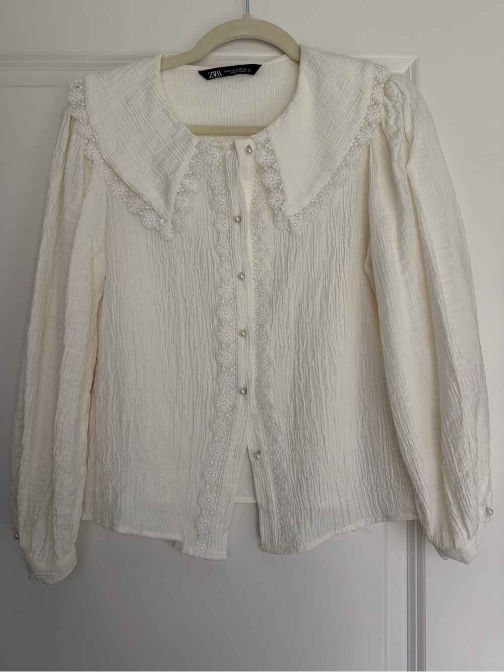 Zara Off-White Lace-Trim Button Front Blouse